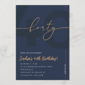 Modern Blue Navy & Gold 40th Birthday Invitation Kaart (Voorkant)