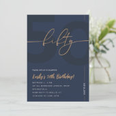 Modern Blue Navy & Gold 50th Birthday Invitation Kaart (Staand voorkant)