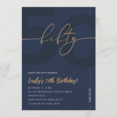 Modern Blue Navy & Gold 50th Birthday Invitation Kaart (Voorkant)