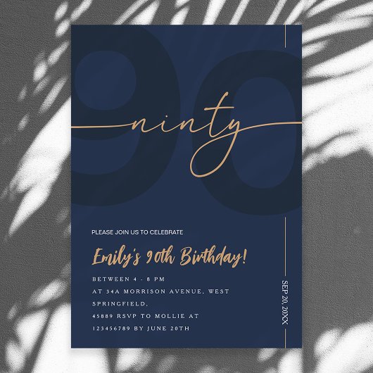 Modern Blue Navy & Gold 90th Birthday Invitation Kaart