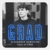 Modern Blue Neon Afstuderen Vierkante Sticker (Voorkant)