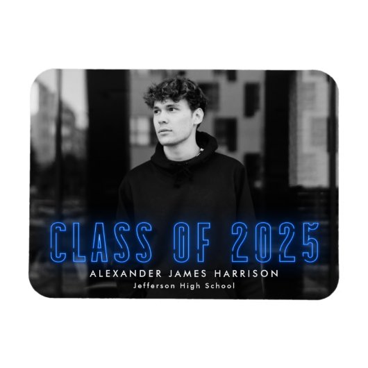 Modern Blue Neon Class of 2023 Photo Afstuderen Magneet (Horizontaal)