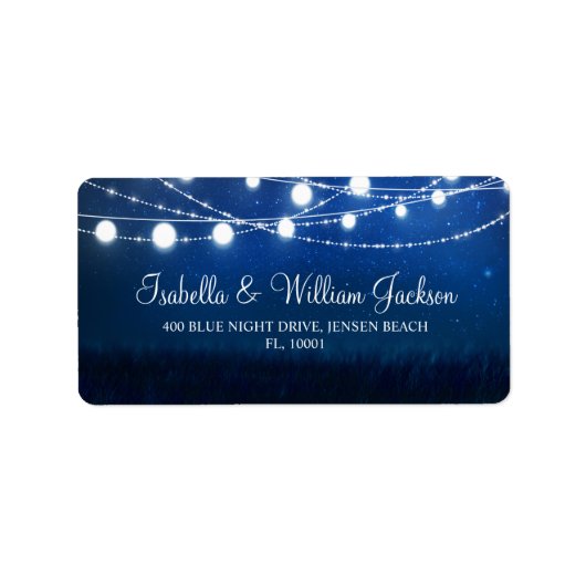 Modern Blue Night String Lights Wedding Address Etiket (Voorkant)