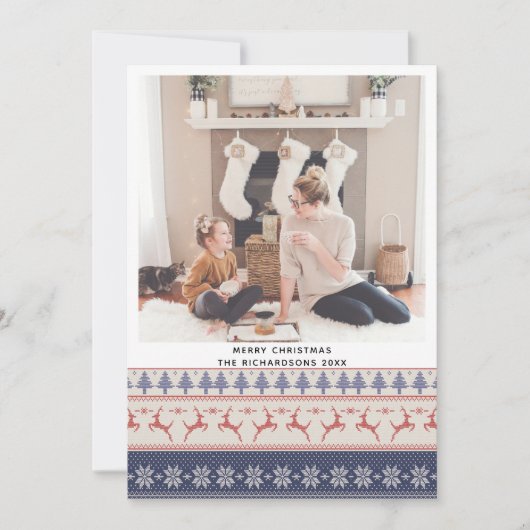 Modern Blue Nordic Sweater Flying Reindeer Pattern Feestdagenkaart (Voorkant)