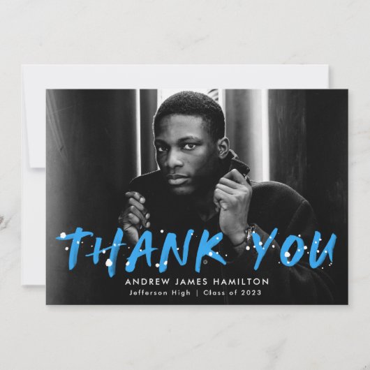 Modern Blue Paint Splatter Photo Afstuderen Bedankkaart (Voorkant)