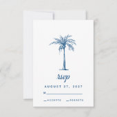 Modern Blue Palm Tropical Beach Wedding RSVP Kaartje (Voorkant)