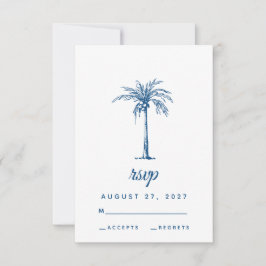 Modern Blue Palm Tropical Beach Wedding RSVP Kaartje