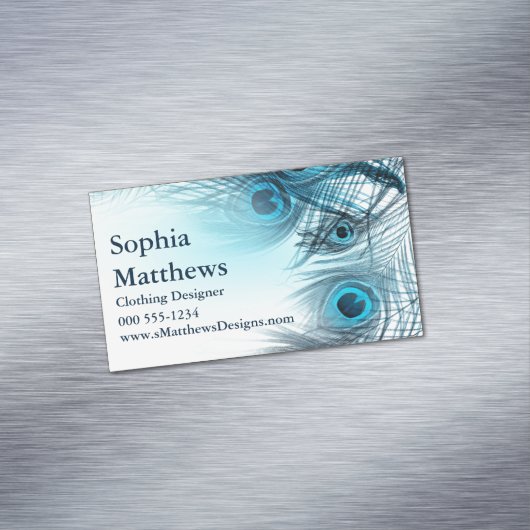 Modern Blue Peacock Feathers Magnetisch Visitekaartje (Voorbeeld)