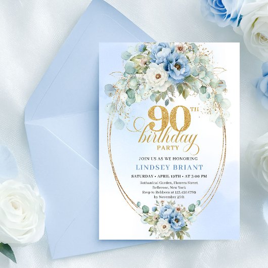 Modern Blue Peonies Greenery 90th Birthday Invite Kaart