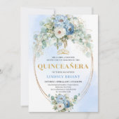 Modern Blue Peony Gold Frame Quinceañera Invite Kaart (Voorkant)