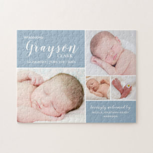 Modern Blue Photo Collage Baby Birth Stats Legpuzzel