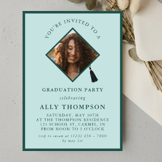 Modern Blue Photo Frame Graduation Party Kaart