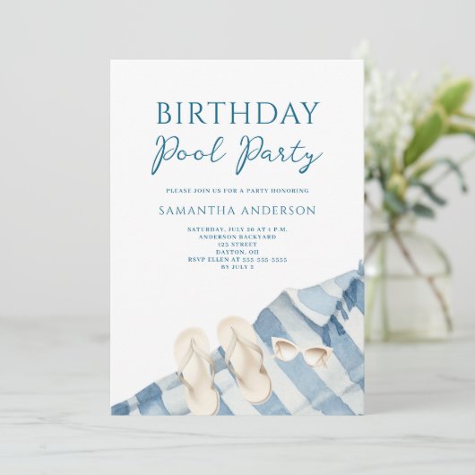 Modern Blue Pool Party Verjaardag Uitnodiging (Staand voorkant)