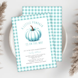 Modern Blue Pumpkin Gingham Plaid Boy Baby shower Kaart