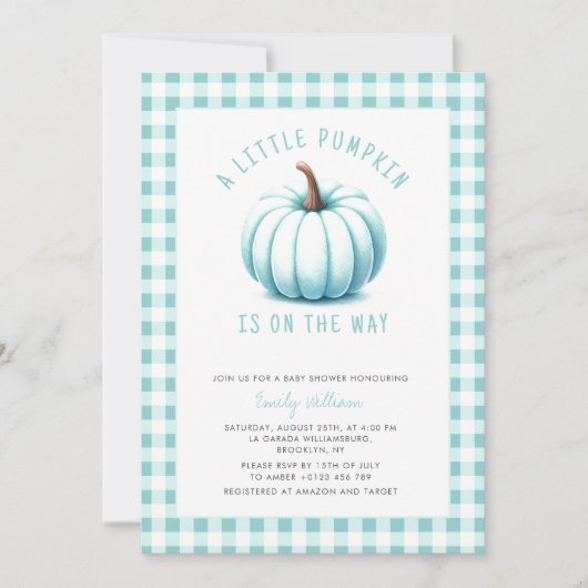 Modern Blue Pumpkin Gingham Plaid Boy Baby shower Kaart (Voorkant)