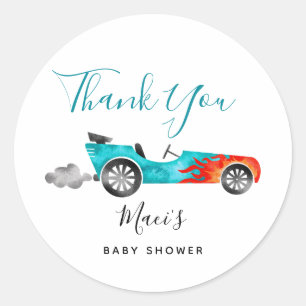 Modern Blue Race Car Baby shower Favor Ronde Sticker