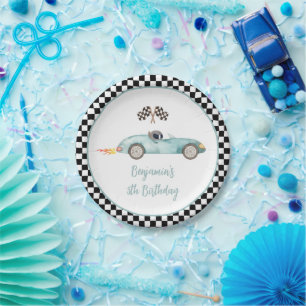 Modern Blue Race Car Birthday Papieren Bordje