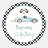 Modern Blue Race Car Birthday Ronde Sticker (Voorkant)