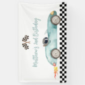 Modern Blue Race Car Birthday Spandoek (Verticaal)