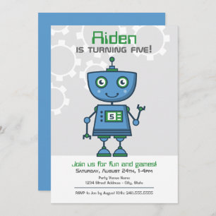 Modern Blue Robot Boys Birthday Party Kaart