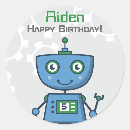 Modern Blue Robot Boys Birthday Party Ronde Sticker (Voorkant)