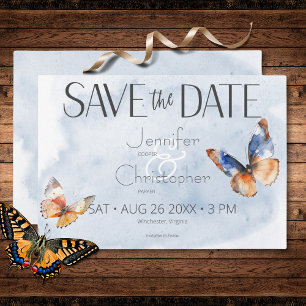 Modern Blue & Rust Waterverf Vlinders Bruiloft Save The Date