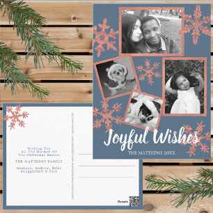 Modern Blue Rustic Snowflake 4 Fotokerstmis Briefkaart