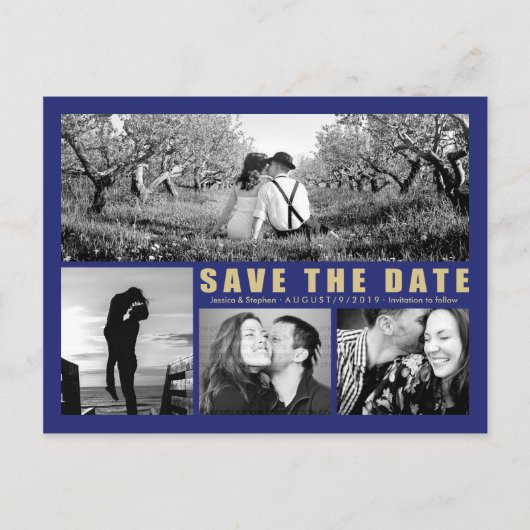 Modern Blue Save the Date Collage 4 Photo Briefkaa Aankondigingskaart (Voorkant)