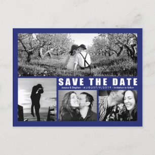 Modern Blue Save the Date Collage 4 Photo Briefkaa Aankondigingskaart