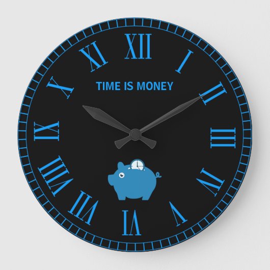 Modern Blue Saving Time With Piggy Bank Wall Clock Grote Klok (Voorkant)
