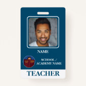 Modern Blue School Logo Teacher Employee Badge (Voorkant)