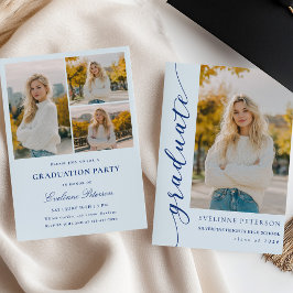Modern Blue Script Photo Graduation Invitation Kaart