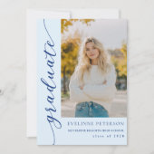 Modern Blue Script Photo Graduation Invitation Kaart (Voorkant)