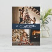 Modern Blue Script Prettige feestdagen kerstfoto Feestdagenkaart (Staand voorkant)