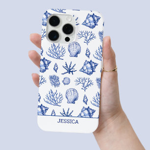 Modern Blue Seashell Custom Name Coastal Beach iPhone 15 Pro Max Hoesje