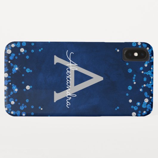 Modern Blue Silver Glitter Confetti Monogram Case-Mate iPhone Case (Achterkant (horizontaal))