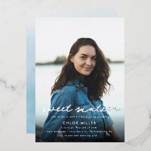 Modern Blue Silver Photo 16th Birthday Folie Uitnodiging