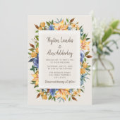 Modern Blue Sinaasappel Tan Floral Wedding Kaart (Staand voorkant)