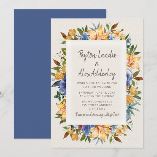 Modern Blue Sinaasappel Tan Floral Wedding Kaart (Voorkant / Achterkant)