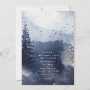 Modern Blue Snow Frosted Forest met vogelweddensch Kaart