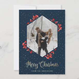 Modern Blue Snow Red Berries Fotokerstfeest Feestdagenkaart