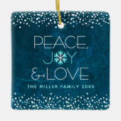 Modern Blue Snowflake Peace Joy Love Custom Name Keramisch Ornament (Voorkant)