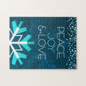 Modern Blue Snowflake Peace Joy Love Typografie Legpuzzel (Horizontaal)