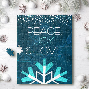 Modern Blue Snowflake Peace Joy Love Typografie Legpuzzel