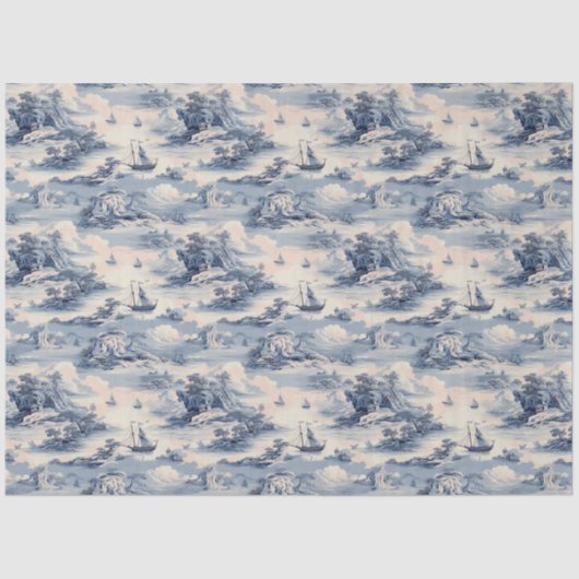 Modern Blue Stom Ocean Zee Toile de Jouy Pattern Tissuepapier (Voorkant)