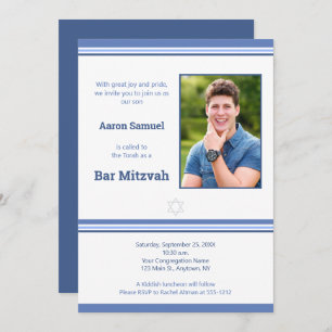 Modern Blue Stripe Bar Mitzvah Fotouitnodiging Kaart