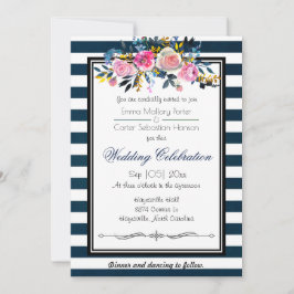 Modern Blue Stripe Floral Wedding Invitation Kaart