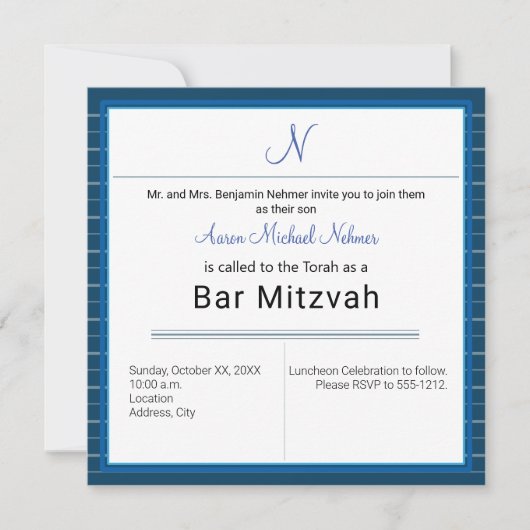 Modern Blue Stripe Monogram Bar Mitzvah Kaart (Voorkant)