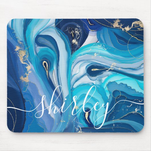 Modern Blue Swirl Agate Iridescent Custom Name Muismat (Voorkant)