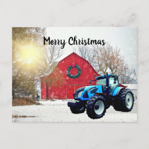  Modern Blue Tractor in Barnyard kerst  Briefkaart